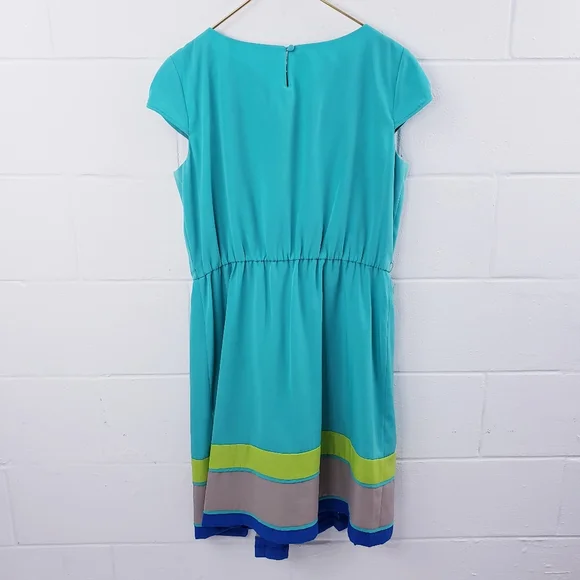 Pleated Turquoise Lime Green Colorblock Dress with Belt RK Originals Size 14 - Picture 3 of 11